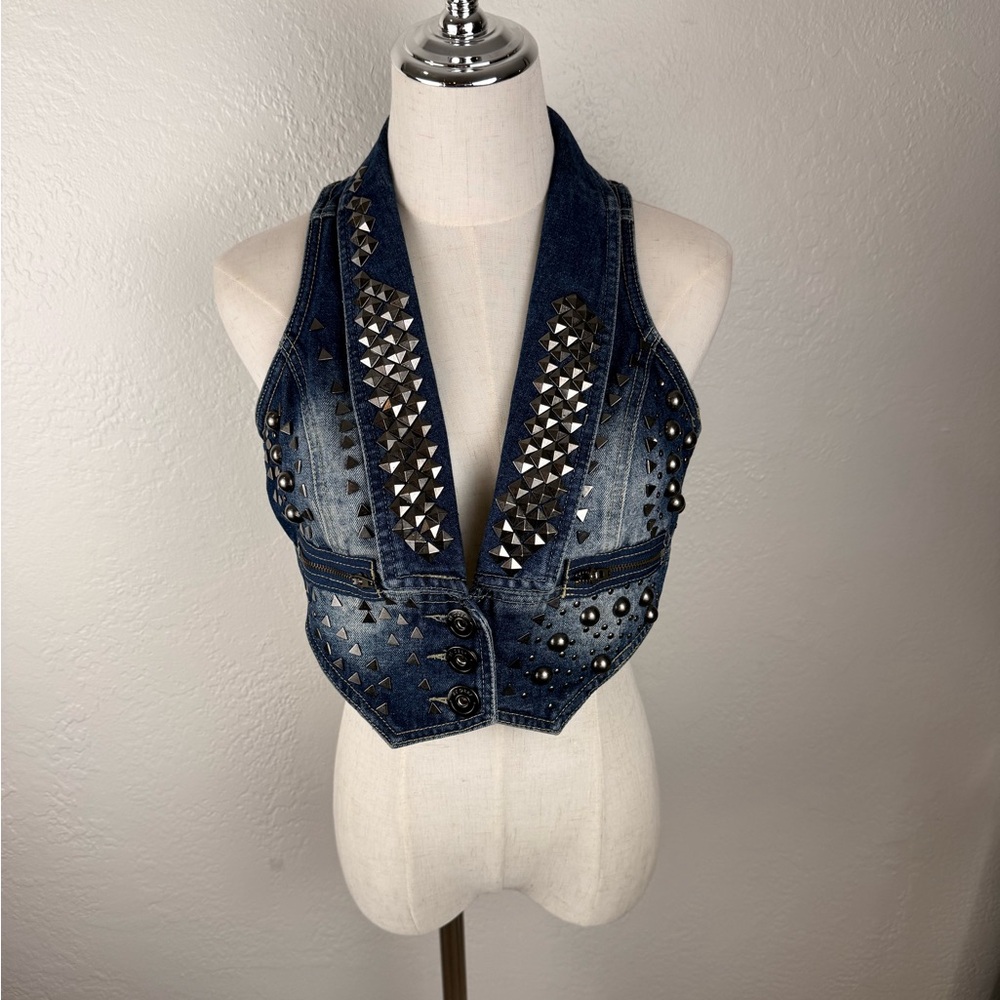 RARE VINTAGE By Deep Los Angeles HEAVILY Studded Denim Vest M‎ Moto Y2K Rocker